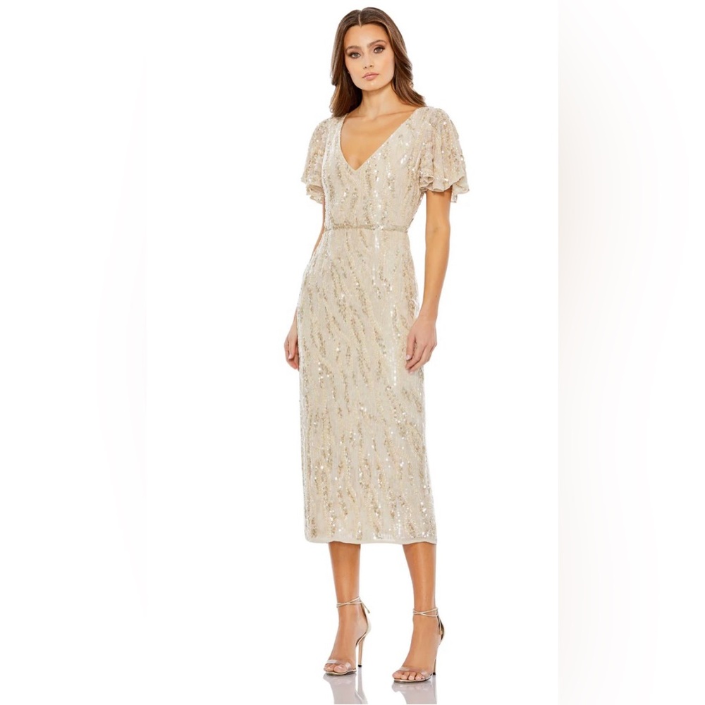 SEQUINED V NECK FLUTTER SLEEVE TEA LENGTH DRESS Size 14 Color Oyster